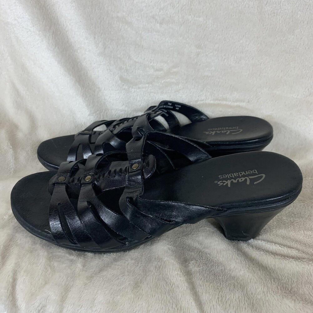 Clarks Bendables Womens 7M Slides Sandals Black Strappy Wedge Leather Slip On - Picture 3 of 11